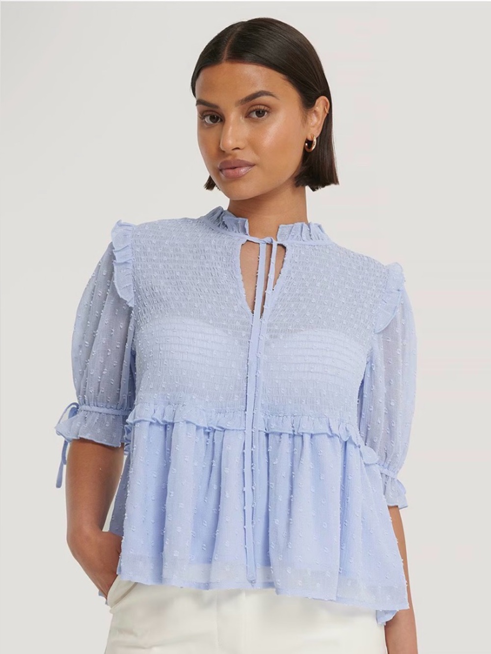Zara Light Lavender Smocked V-Neck Peplum Blouse